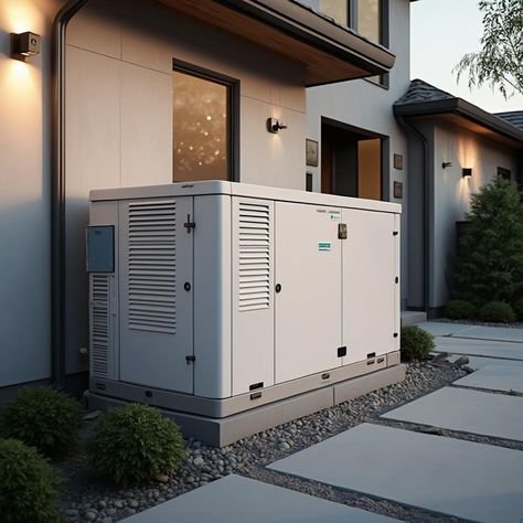 2517973a7d4dee1757a5c3ea57599f15 Outdoor home generator installed beside modern house with landscape, ensuring seamless power backup_ _ Sky Rye Design