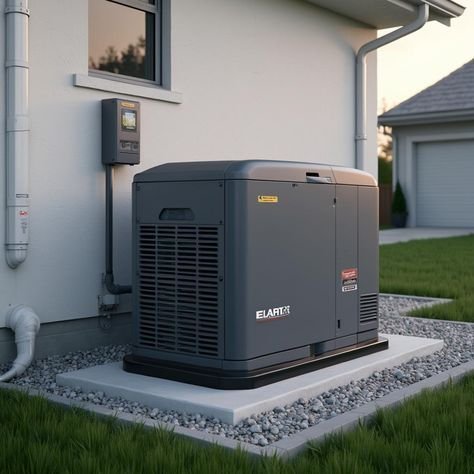 5600f17dad33a8e64714494046b80616 Standby home generator installed outdoors, providing reliable backup power on a concrete pad next to a house_ _ Sky Rye Design